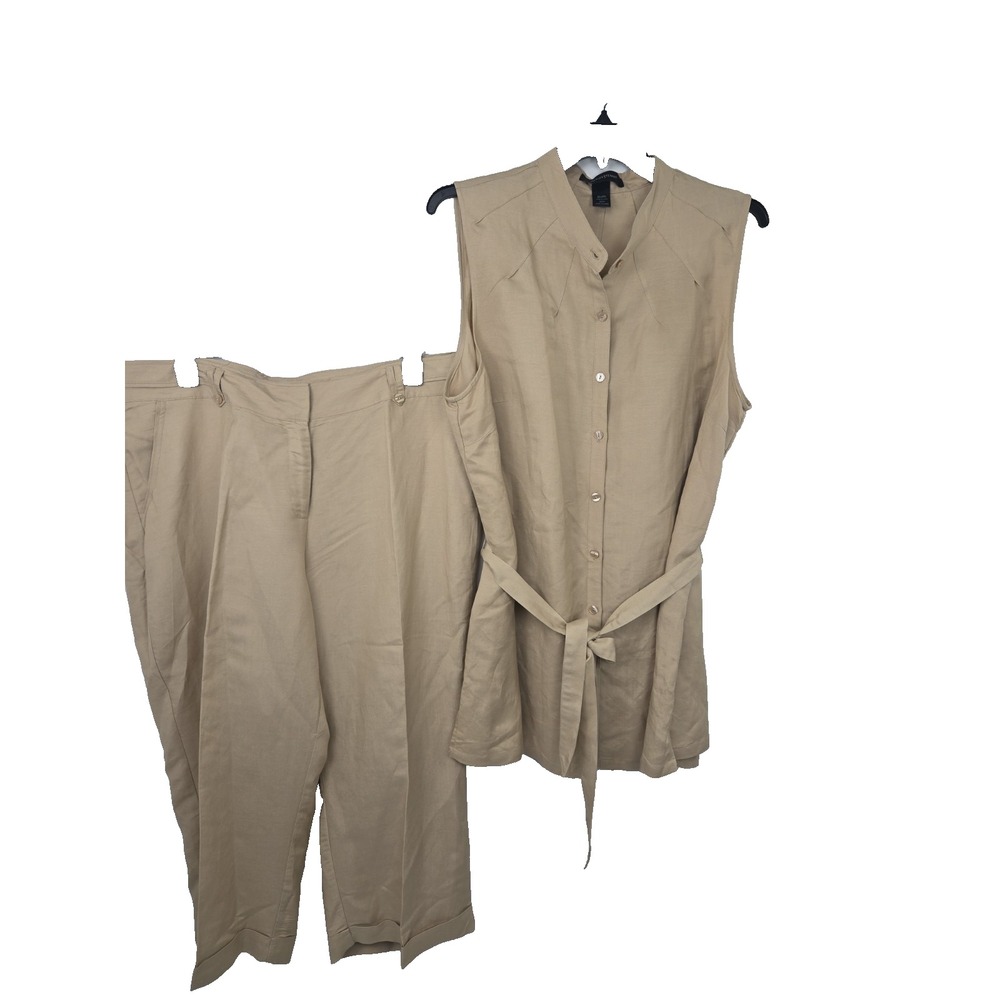 Ashley Stewart Plus 22W Khaki Linen Rayon Button Front Tunic & Wide Leg Pant Set